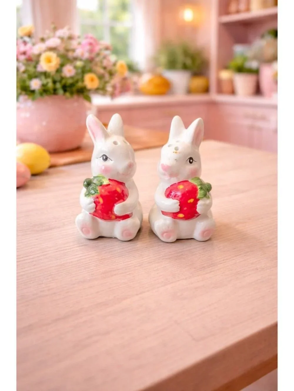 New Easter Bunny Holding Strawberry Salt & Pepper Shakers Party Dinning Set